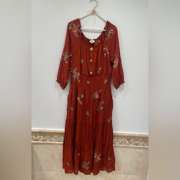 Anthropologie Fig and Flower Embroidered floral Smocked Tiered Ruffle Dress L - Picture 1 of 8